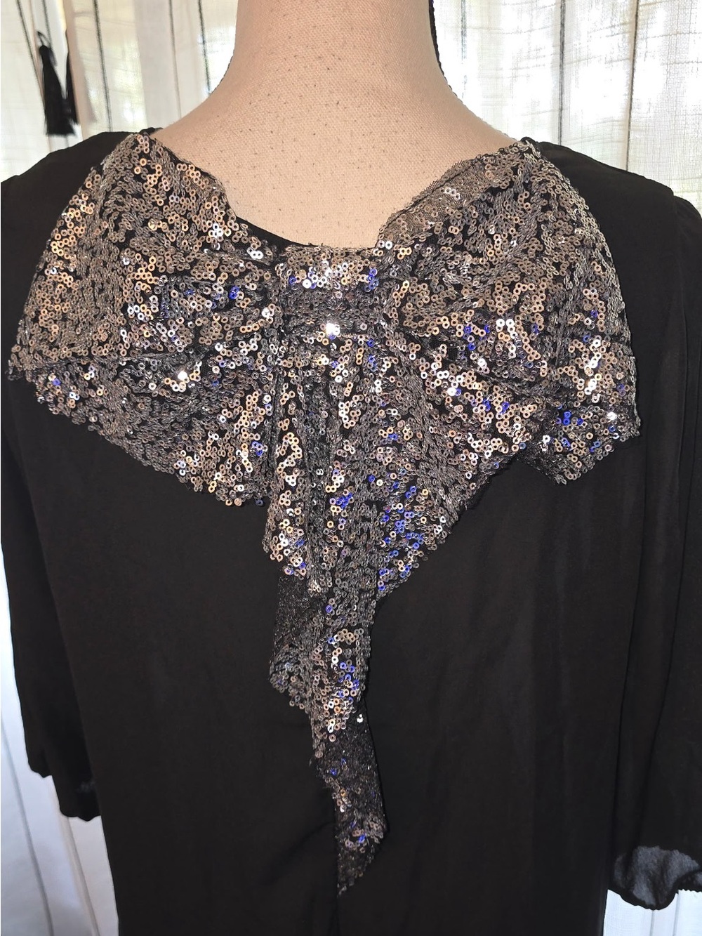 Rue21 Black Top with Silver Sequin Back Bow Detail